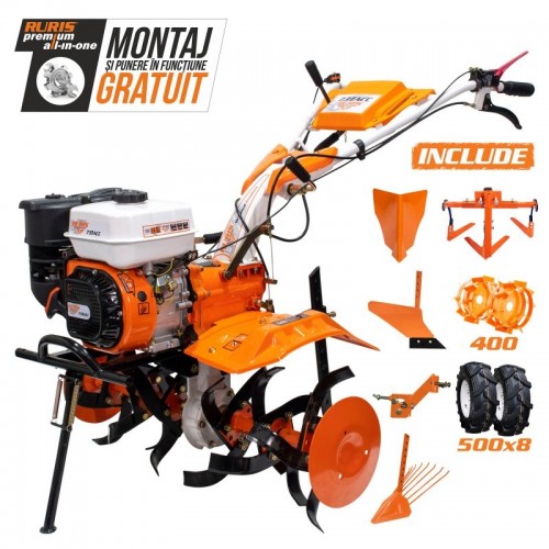 Motosapatoare RURIS 731ACC1-8,5CP (roti cauciuc 5.00-8+rarita+plug+adaptor+dispozitiv scos cartofi+roti metalice 400 fara manicot+cultivator) 