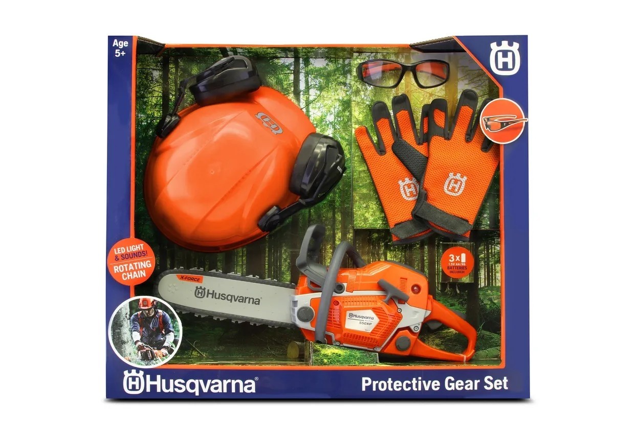 Jucărie motoferăstrău și echipament de protecție